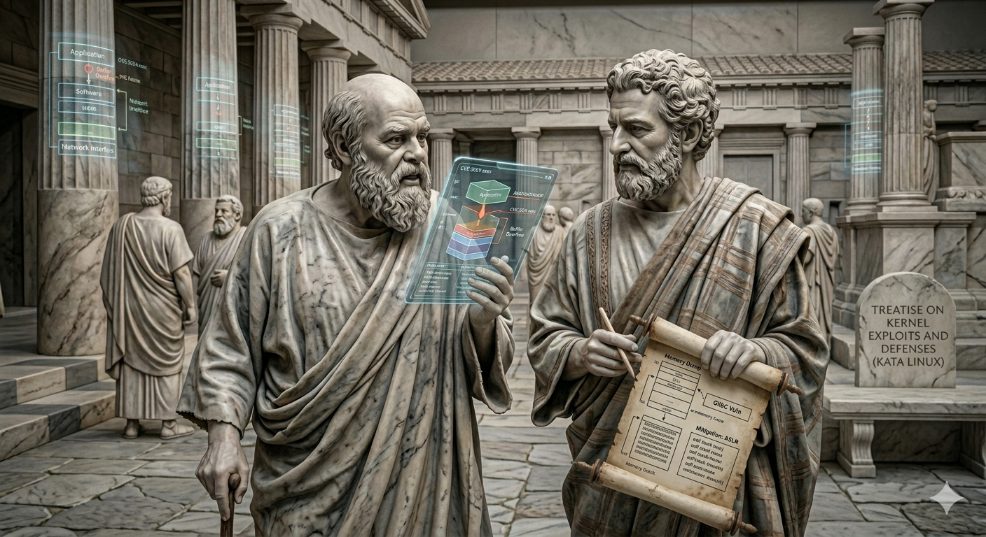 古代ギリシャ風の哲学者たちがCVE情報を議論しているイメージ