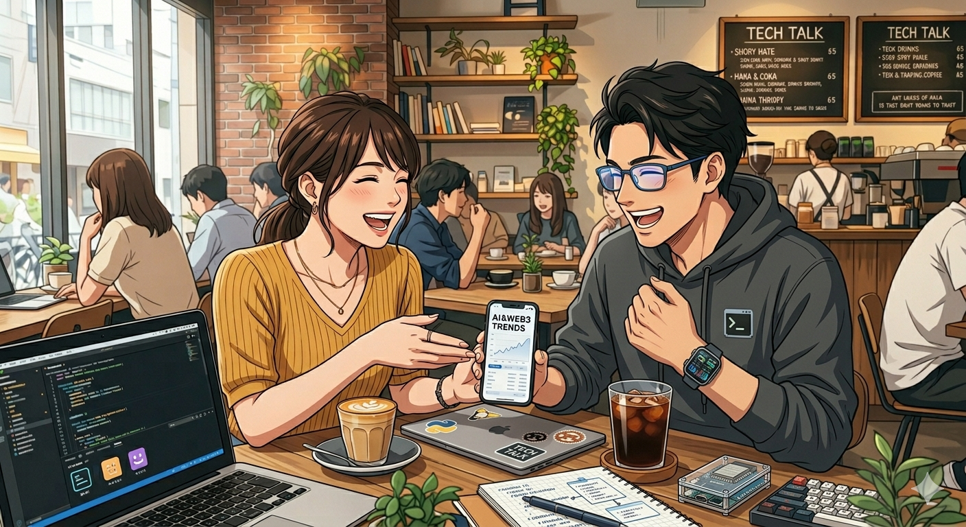 カフェでITニュースについて話す人たちのイメージ